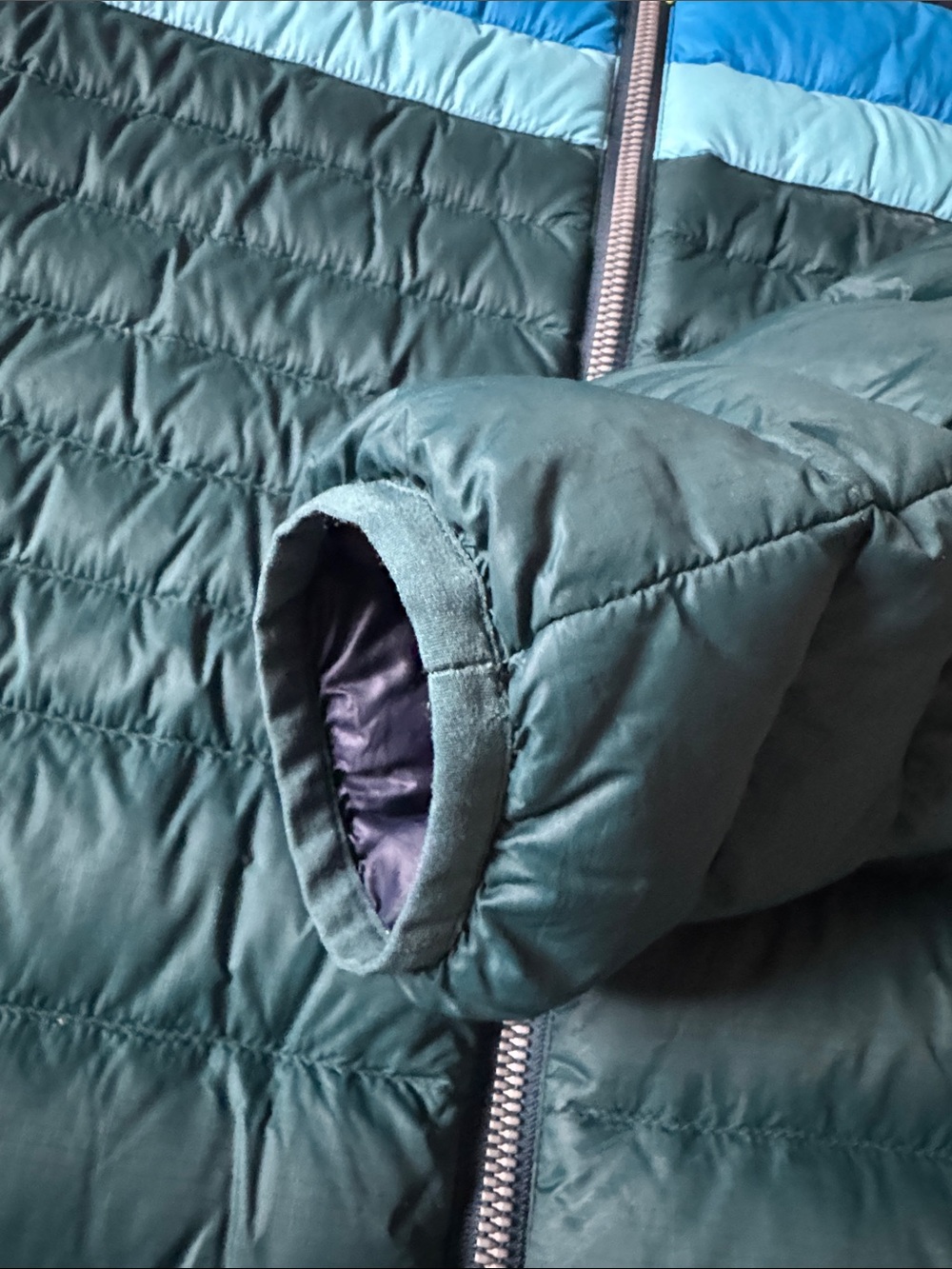Cotopaxi Fuego Teal Hooded Long Puffer with Blue Stripe Accents - Picture 2 of 8